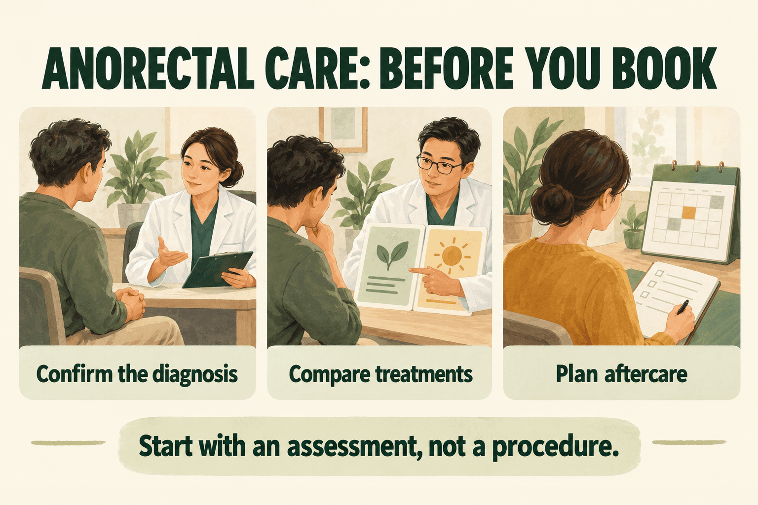 Before booking anorectal care: confirm the diagnosis, compare treatments and plan aftercare.