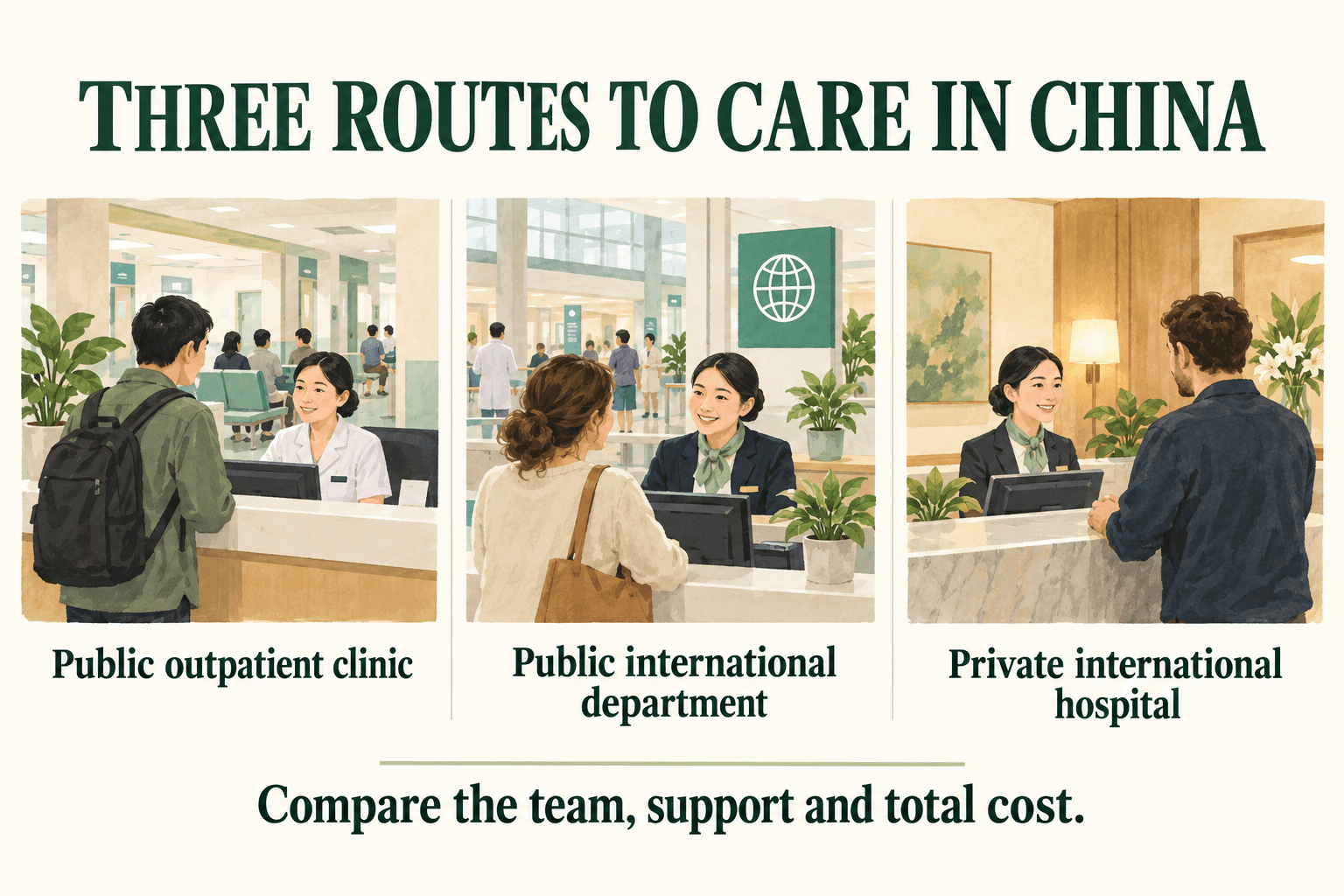 Three routes to care: public outpatient clinic, public international department and private international hospital.