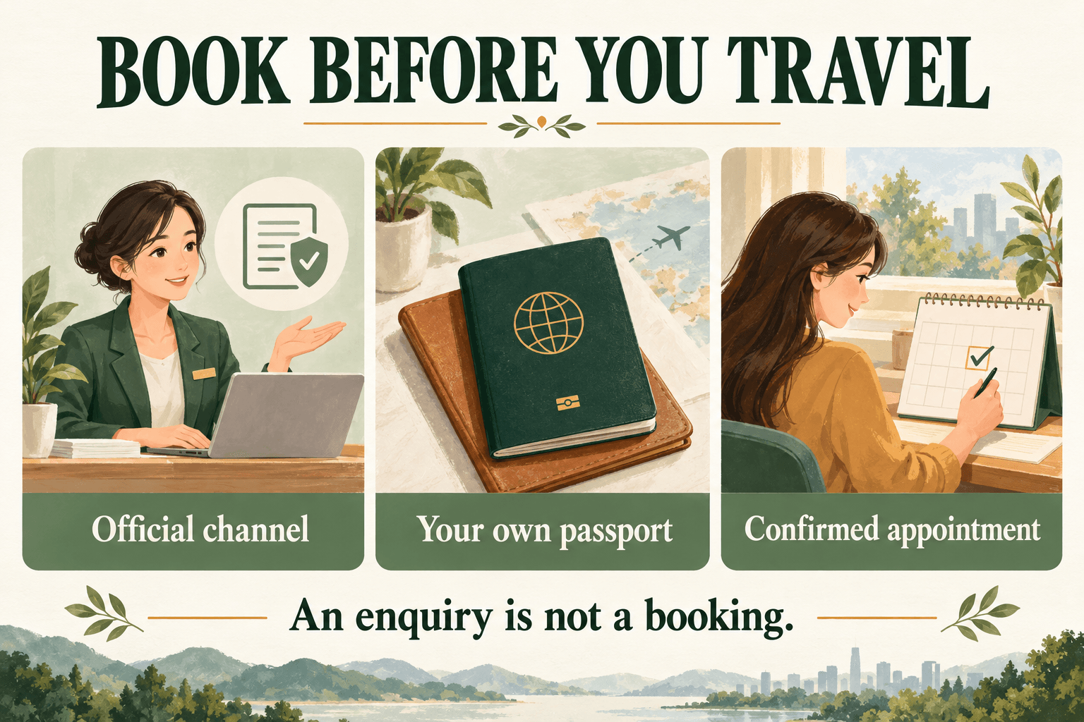 Book before you travel: official channel, your own passport, confirmed appointment.