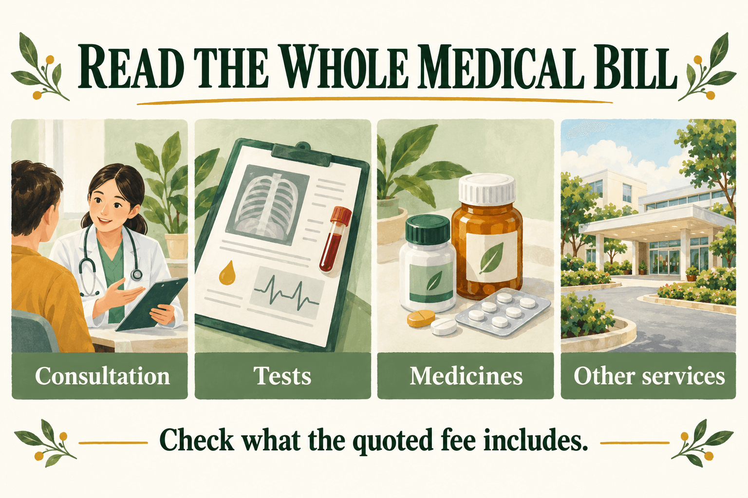 Read the whole medical bill: consultation, tests, medicines and other services.