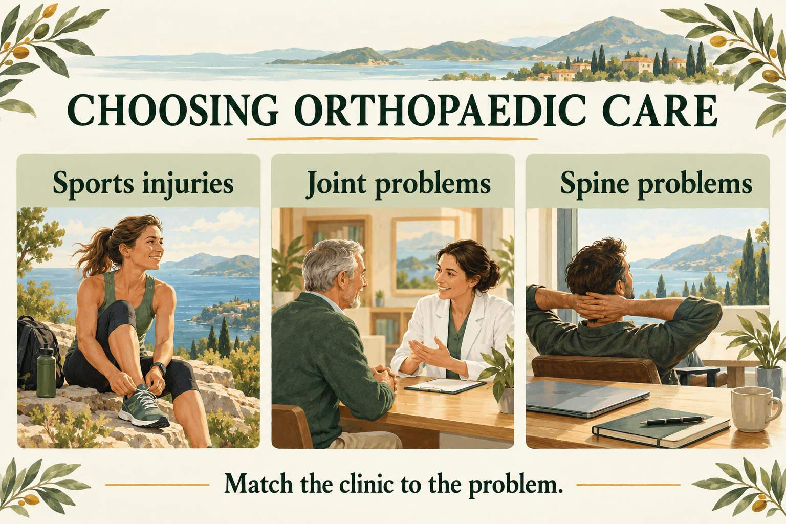 Choosing orthopaedic care: sports injuries, joint problems and spine problems. Match the clinic to the problem.