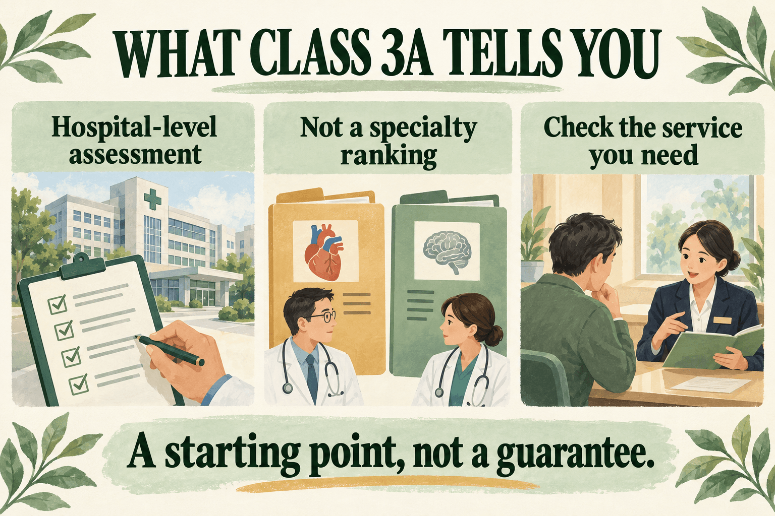 Class 3A is a hospital-level assessment, not a specialty ranking. Check the service you need. A starting point, not a guarantee.