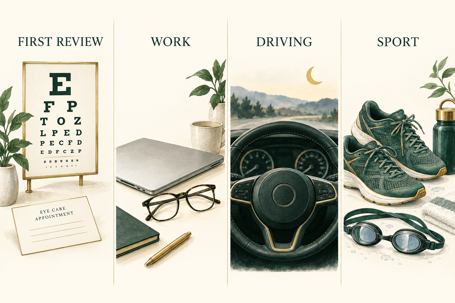 Four separate recovery milestones illustrated by an eye review, a laptop, driving and sports equipment; no universal day counts are assigned.