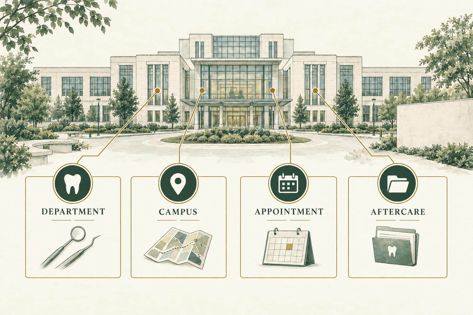 Four checks when choosing a dental hospital: department, campus, appointment route and aftercare. The hospital building is fictional.