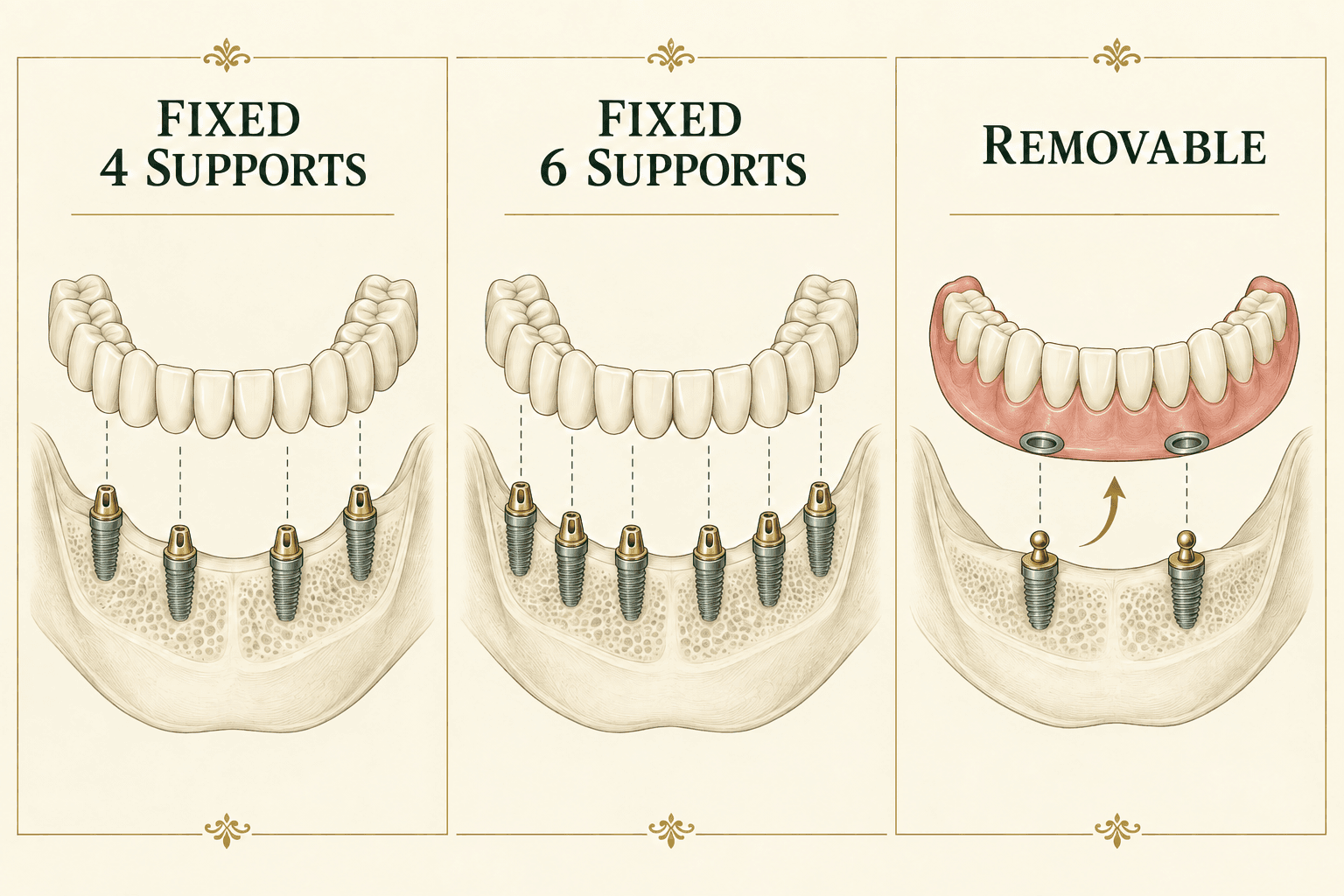 Conceptual comparison of a fixed bridge on four supports, a fixed bridge on six supports and a patient-removable overdenture on two attachments.