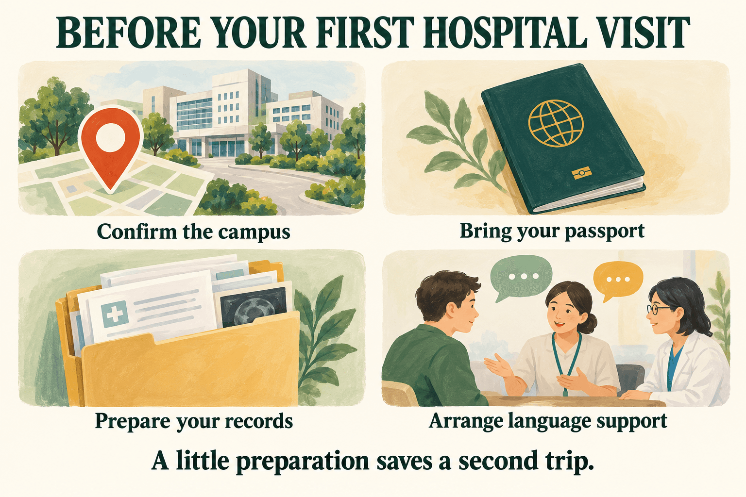 Before your first hospital visit: confirm the campus, bring your passport, prepare your records and arrange language support.