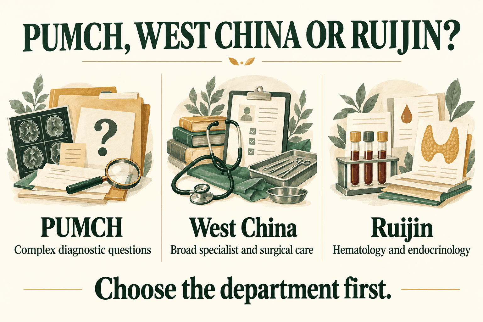 PUMCH: complex diagnostic questions. West China: broad specialist and surgical care. Ruijin: hematology and endocrinology.