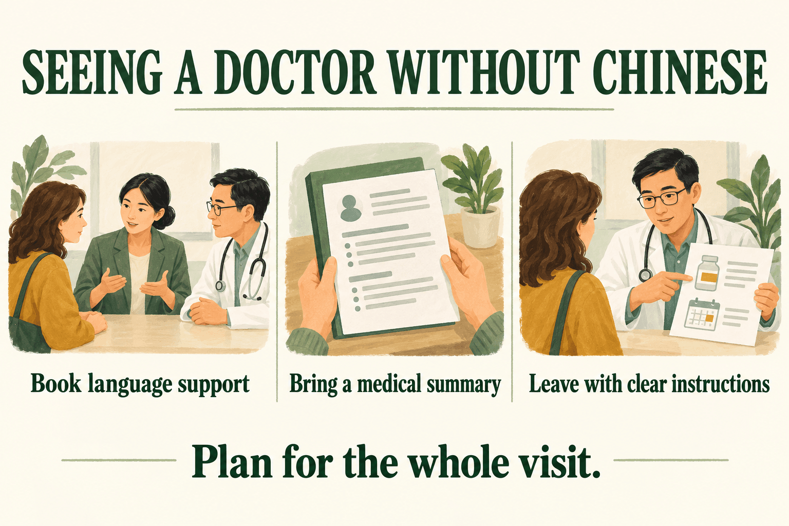 Seeing a doctor without Chinese: book language support, bring a medical summary and leave with clear instructions.