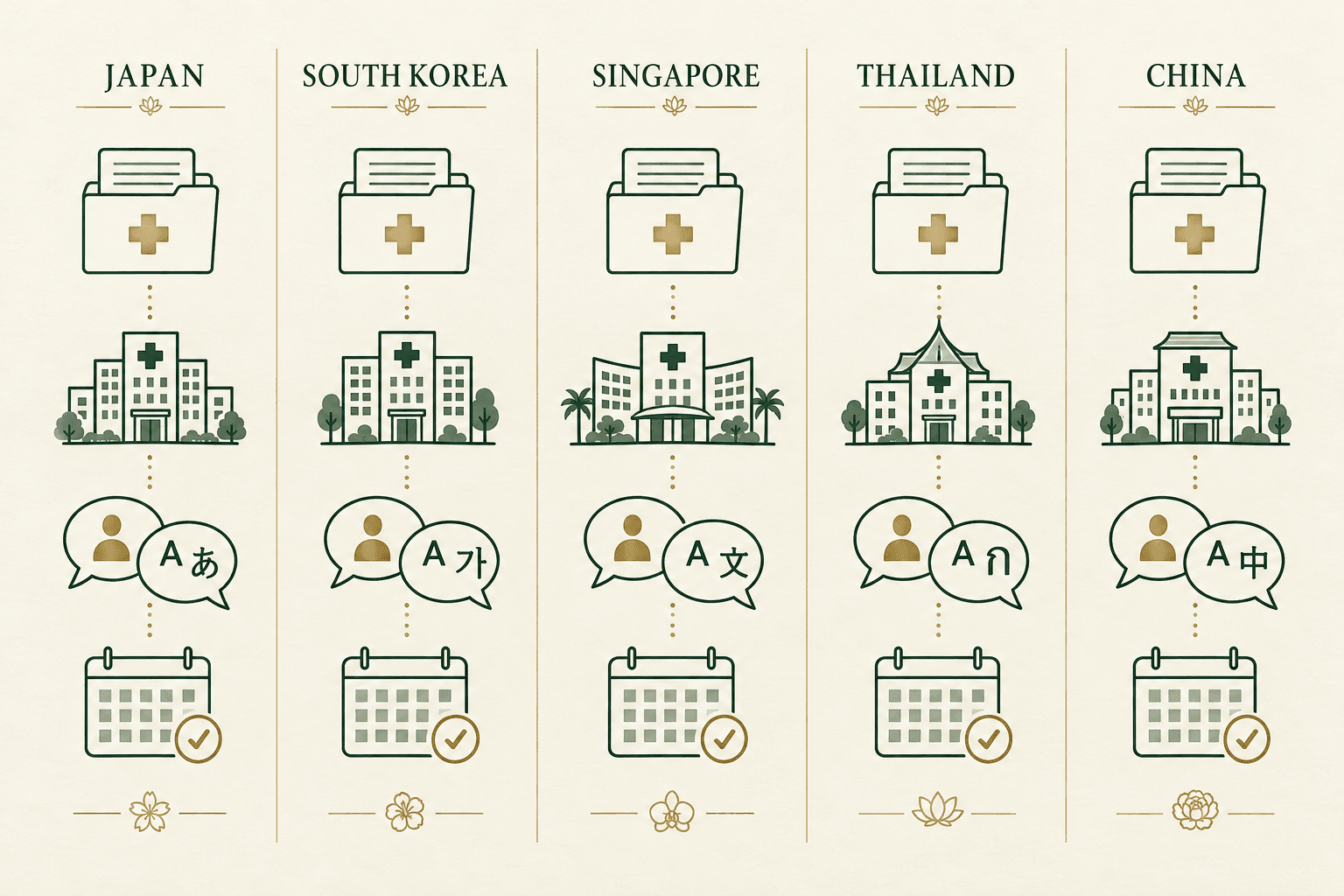 Five equal country columns for Japan, South Korea, Singapore, Thailand and China, each showing records, hospital access, communication and follow-up.