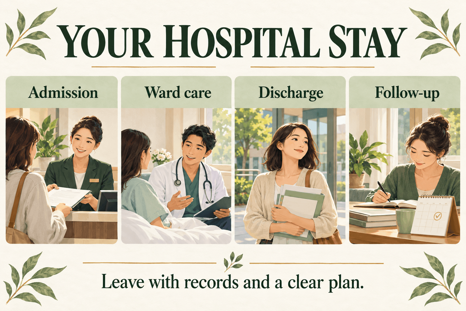 Your hospital stay: admission, ward care, discharge and follow-up.