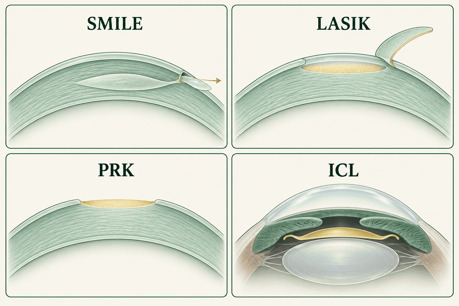 Four schematic cross-sections: SMILE removes a corneal lenticule through a small incision; LASIK lifts a flap; PRK treats the surface; ICL adds a lens behind the iris and in front of the natural lens.